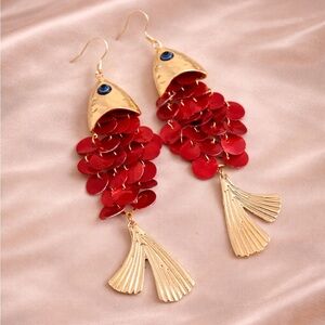 Red Fish Shell Gold Earrings